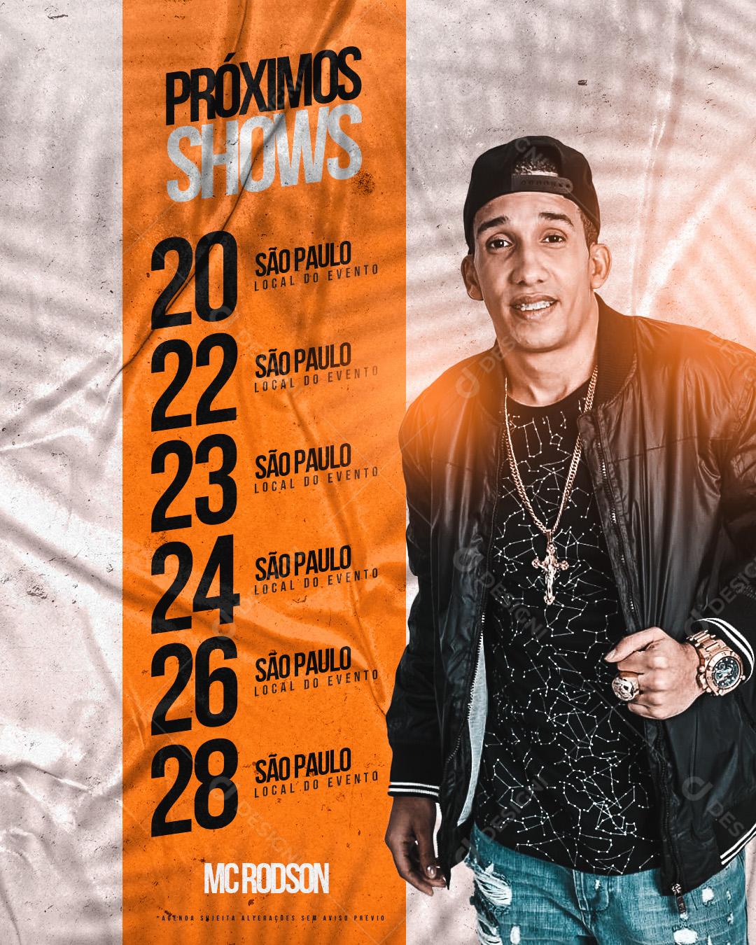 Próximos Shows Agenda Semanal Mc Rodson Social Media PSD Editável