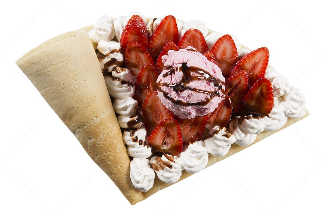 crepe de morango com sorvete no fundo branco