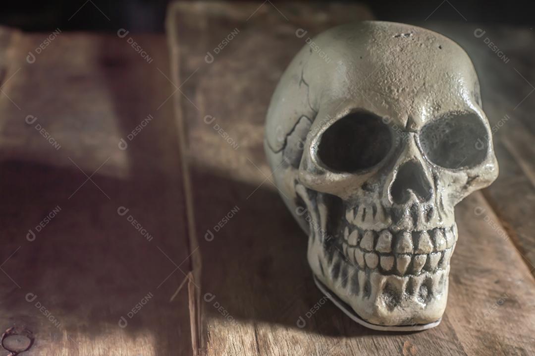 Crânio realista feito de plástico com fundo de madeira, luz suave