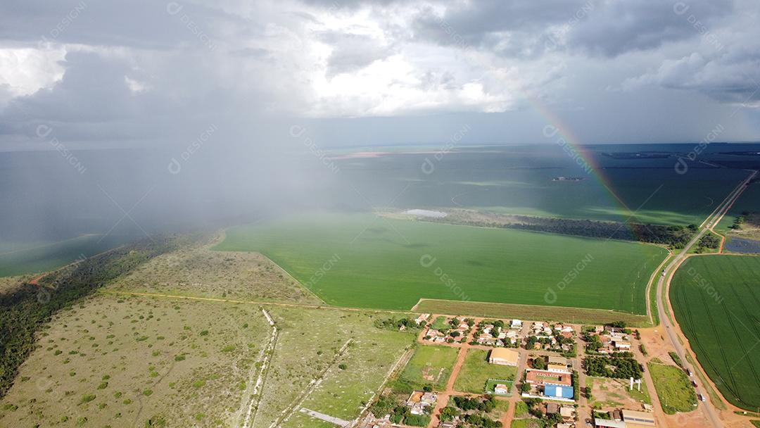 Imagem aérea de linda fazenda com vários bois gados bovinos agropecuária