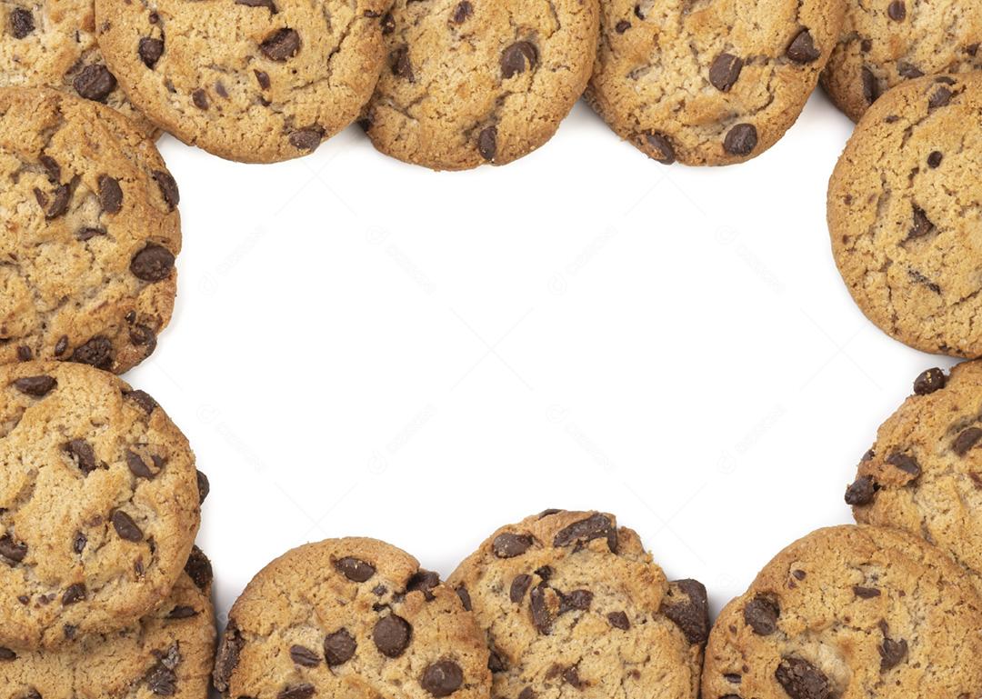 Quadro de biscoitos de chocolate sobre fundo branco com cópia
