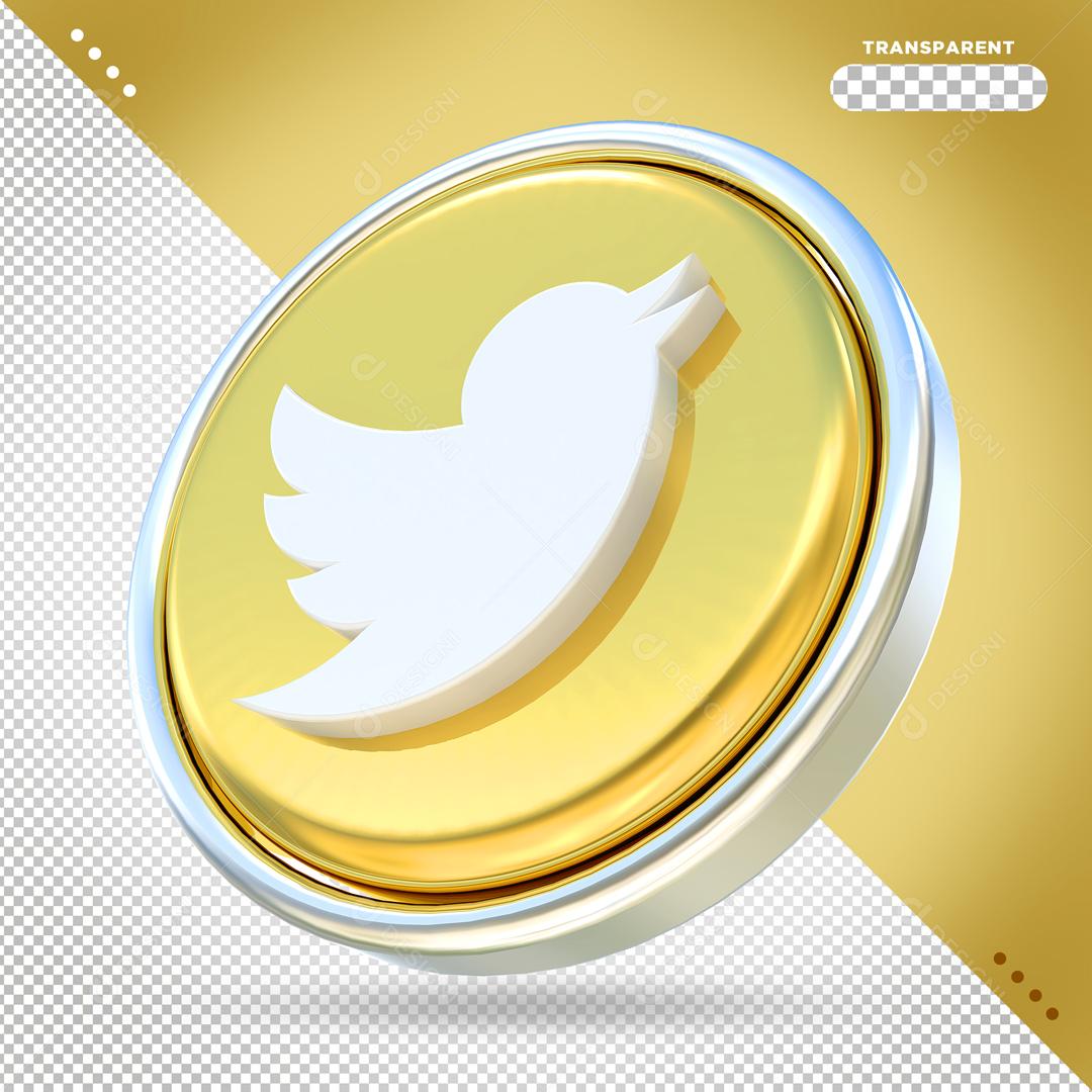 Elemento 3D Twitter Dourado Para Composição PSD