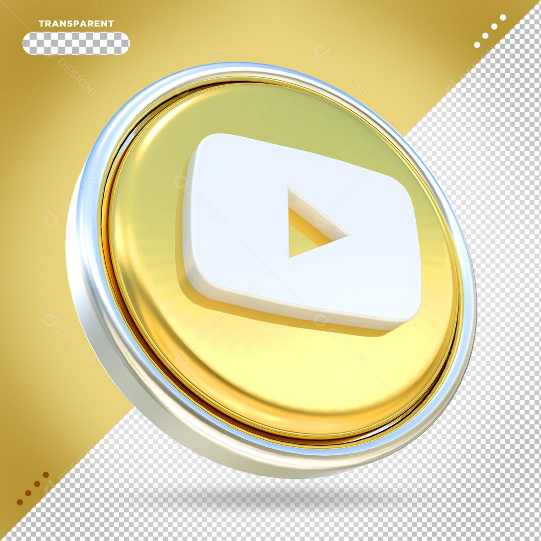 Elemento 3D Youtube Dourado Para Composição PSD