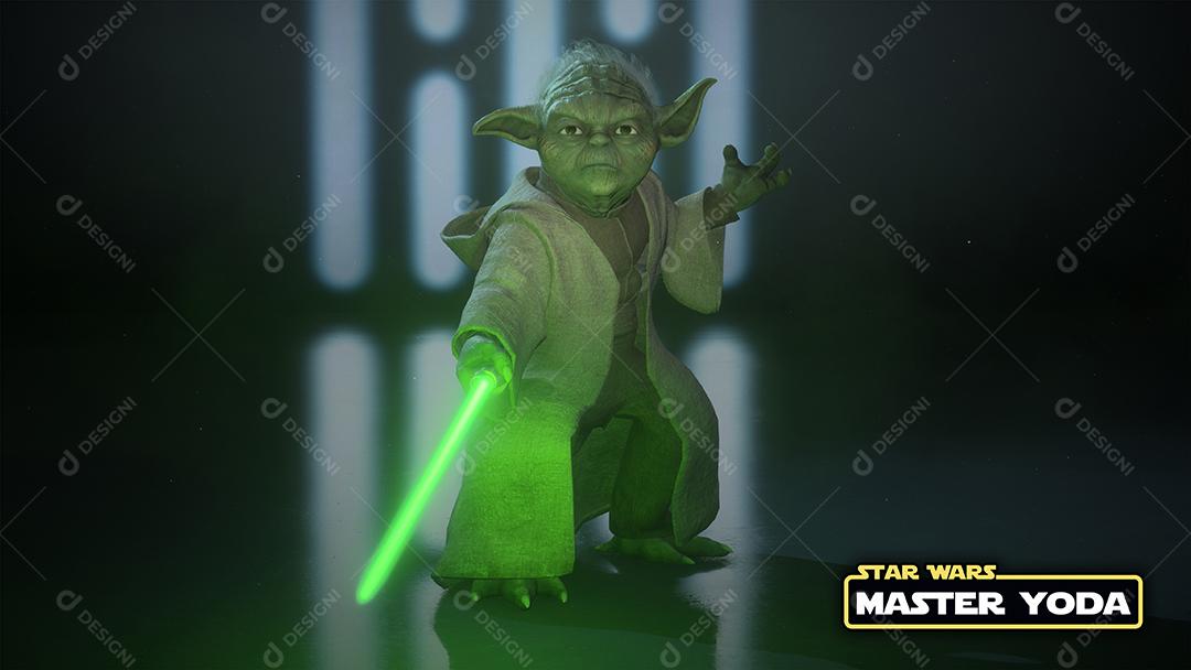 Mestre Yoda com logotipo de Star Wars e ilustração 3D