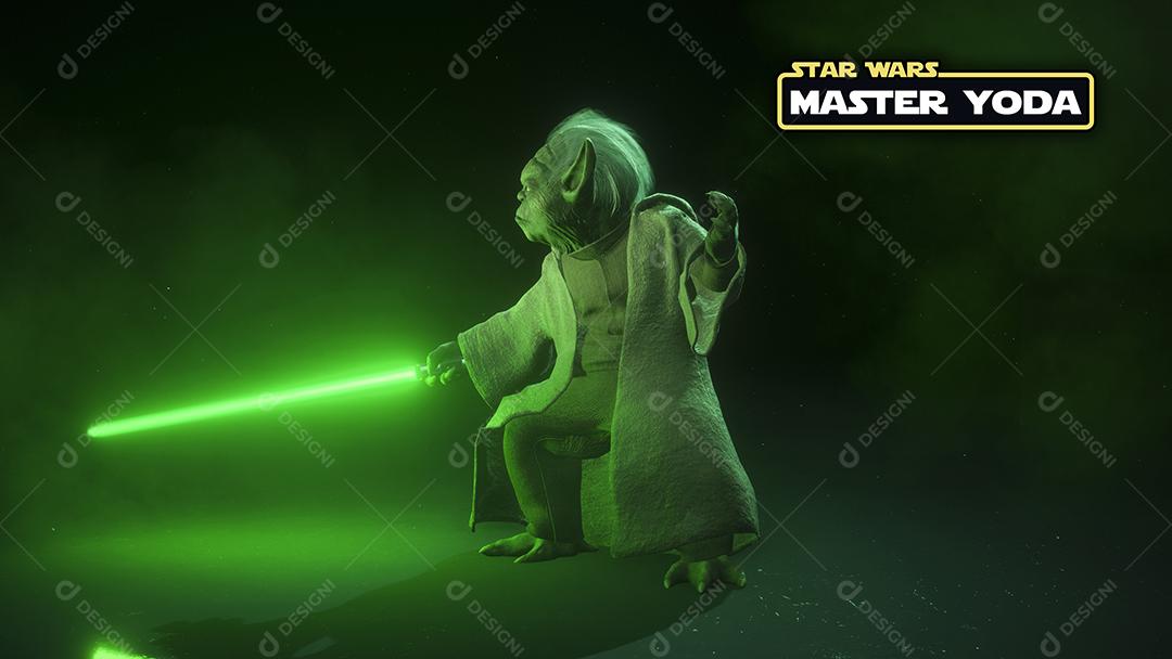 Mestre Yoda com logotipo de Star Wars e ilustração 3D