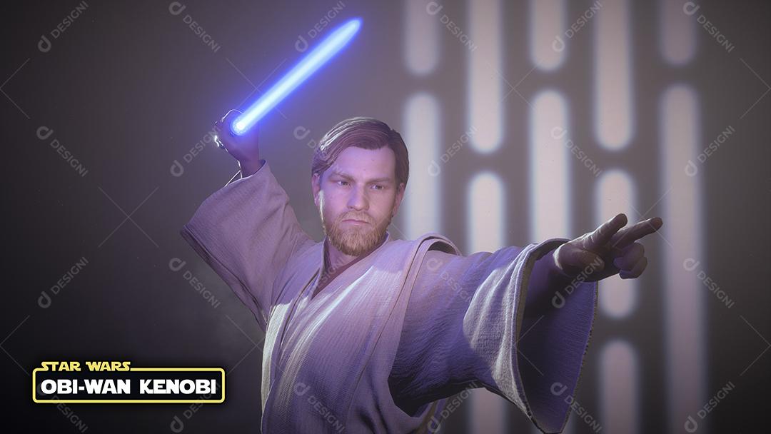 Obi-Wan Kenobi com o logotipo de Star Wars e ilustração 3D