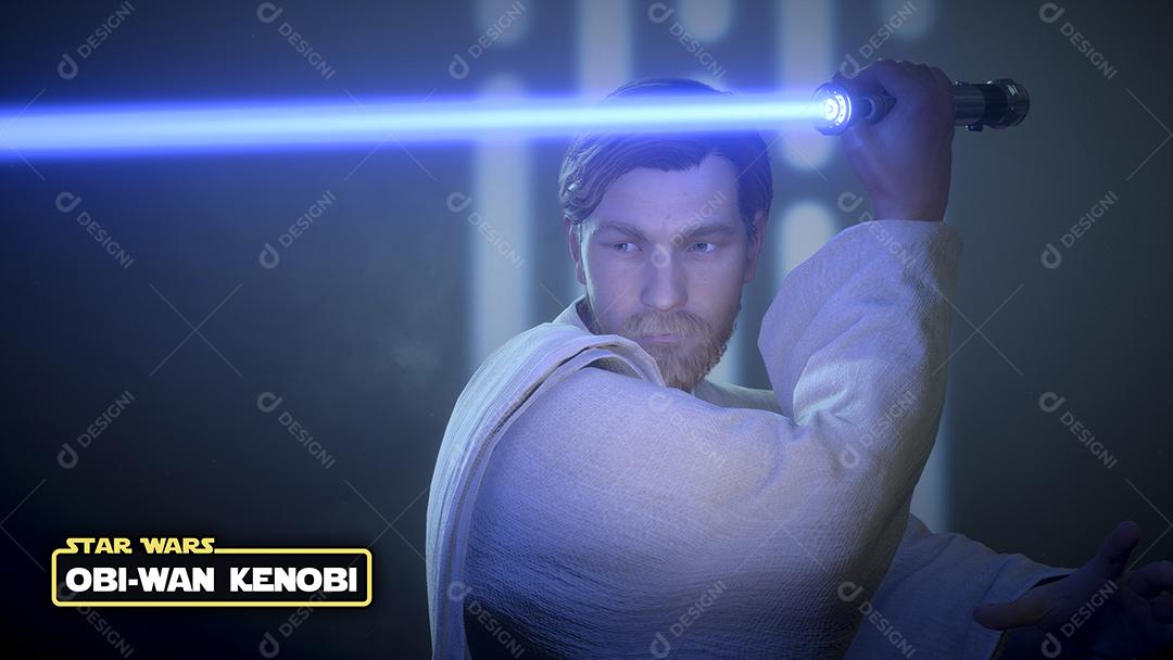 Obi-Wan Kenobi com o logotipo de Star Wars e ilustração 3D