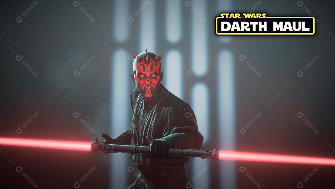 Darth Maul com logotipo de Star Wars e ilustração 3D