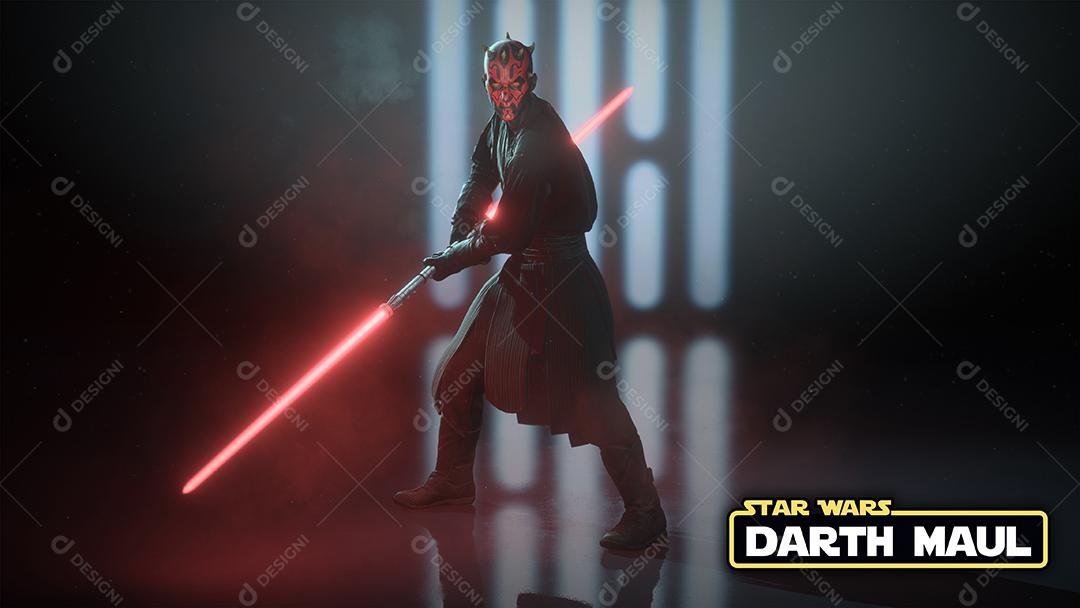 Darth Maul com logotipo de Star Wars e ilustração 3D