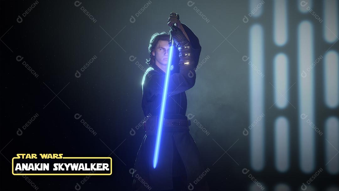 Anakin Skywalker com o logotipo de Star Wars e ilustração 3D