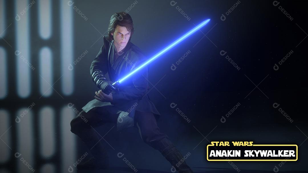 Anakin Skywalker com o logotipo de Star Wars e ilustração 3D