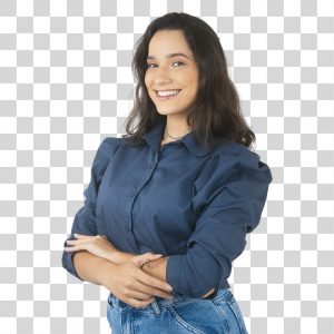 Linda Mulher Jovem de Cabelos Longos e Sorridente Com os Braços Cruzado PNG Transparente