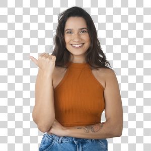 Linda Jovem Sorridente Com Blusa Laranjada Apontando Para O Lado PNG Transparente