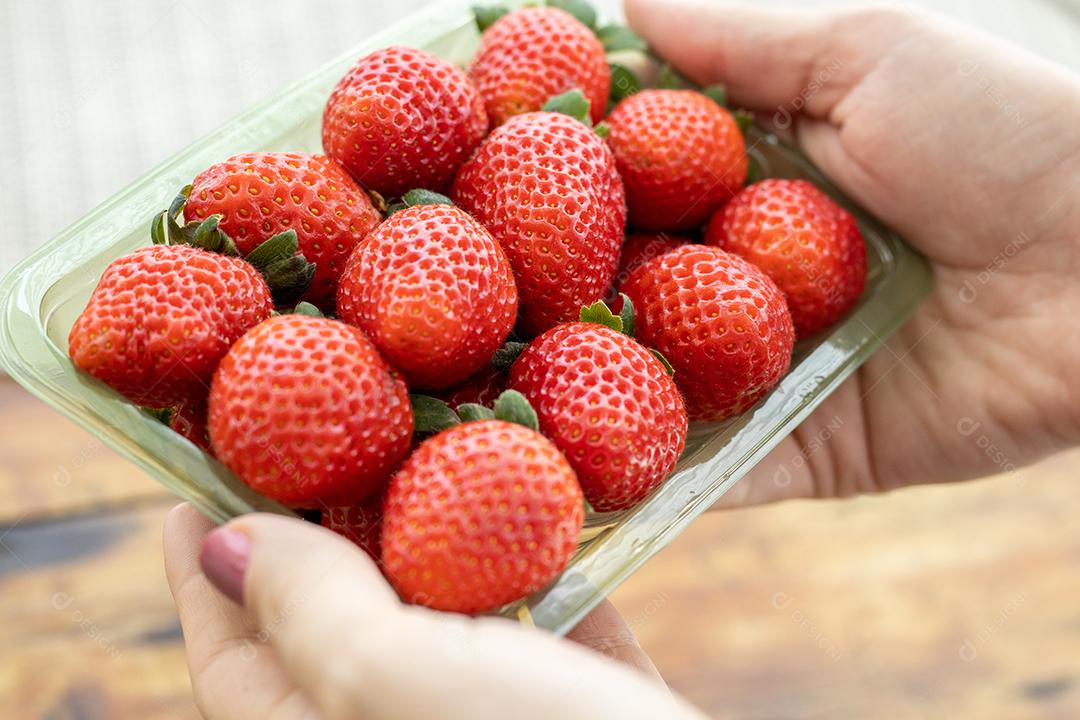 Mulher segurando forma de morangos vermelho