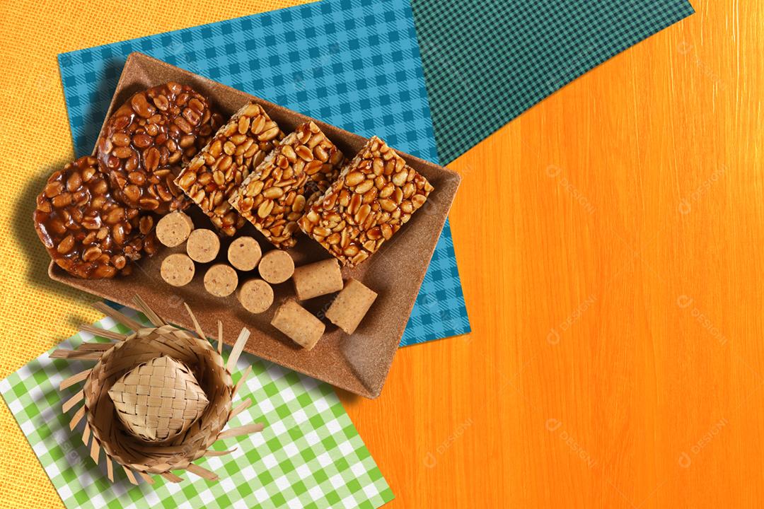 Grupo alimentar da Festa Junina, uma festa típica brasileira em amarelo