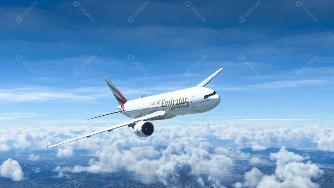 Boeing 777 Emirates voando, 5 de maio de 2022, São Paulo, Brasil