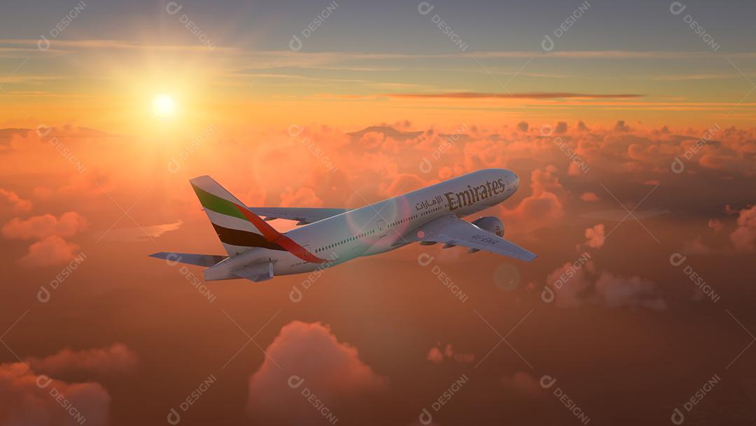 Boeing 777 Emirates voando no pôr do sol amazônico, 5 de maio de 2022, São Paulo, Brasil