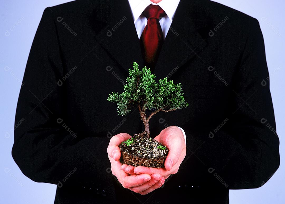 Pessoas homem usando terno segurando muda de planta