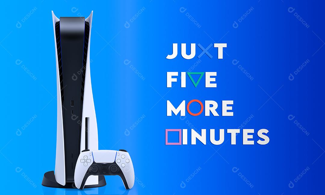 Playstation 5 e controlador com texto: apenas mais cinco minutos de ilustração 3D, 5 de maio de 2022, São Paulo, Brasil.
