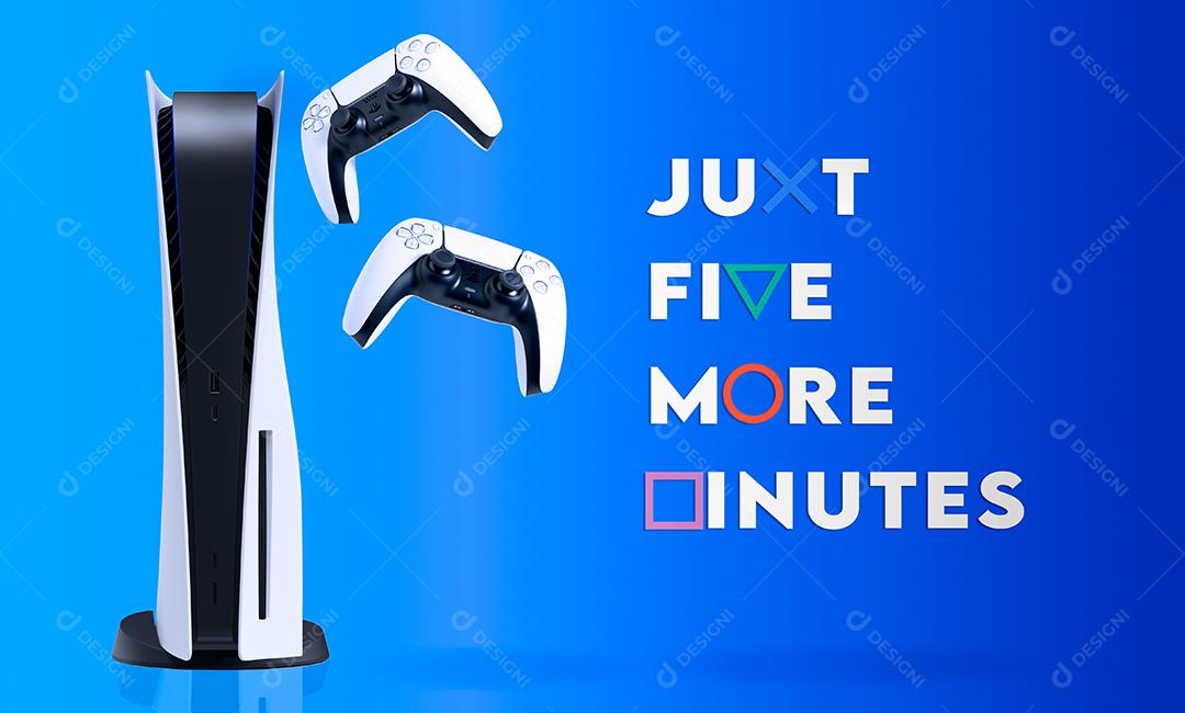 Playstation 5 e controladores com texto: apenas mais cinco minutos ilustração 3D, 5 de maio de 2022, São Paulo, Brasil.