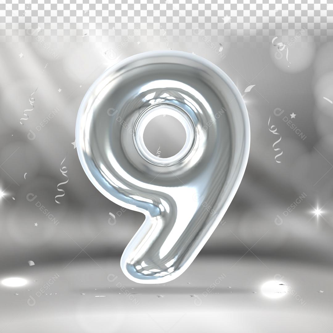 Número 3D 9 Prata Para Composição PSD