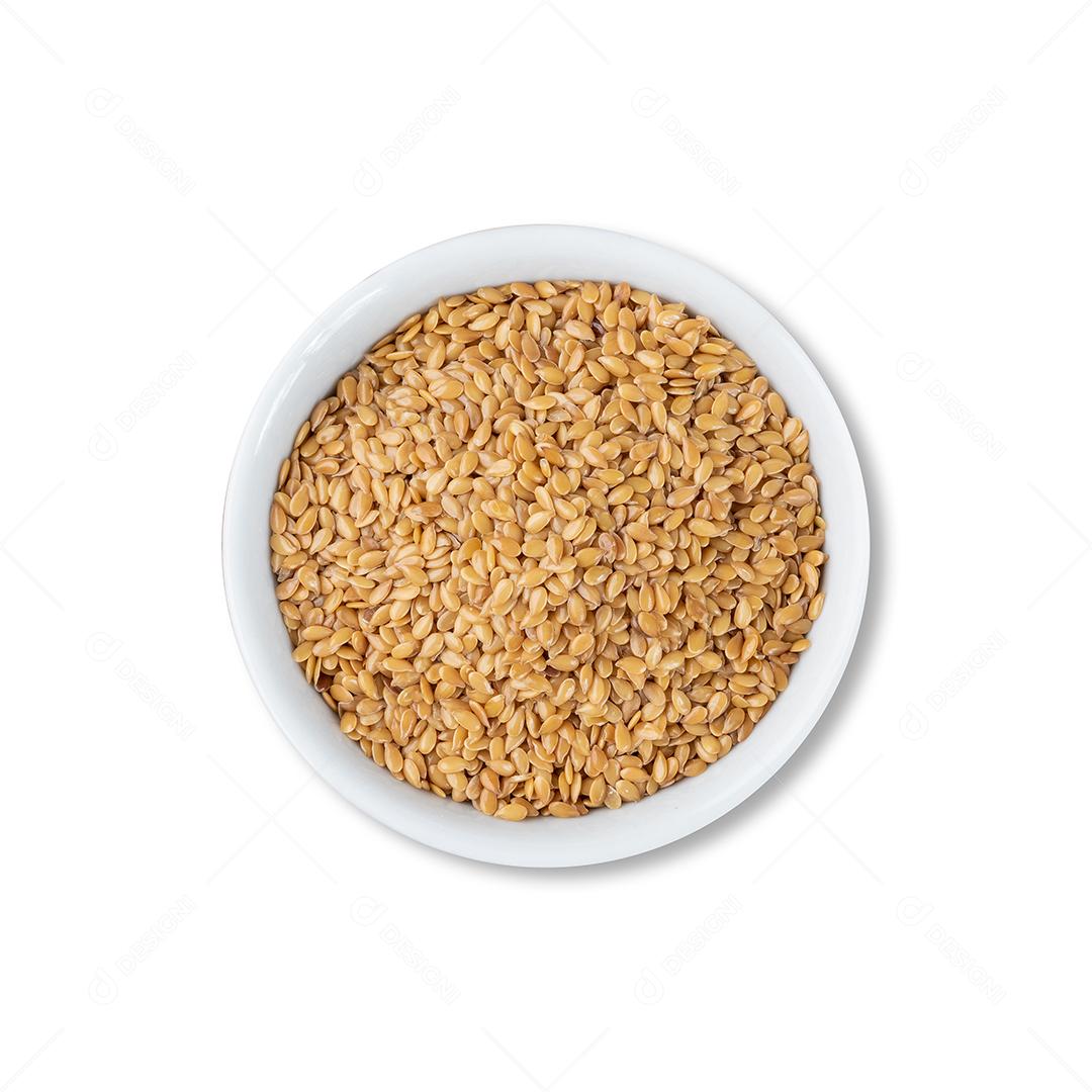 Flaxseed in a bowl isolated over white background.