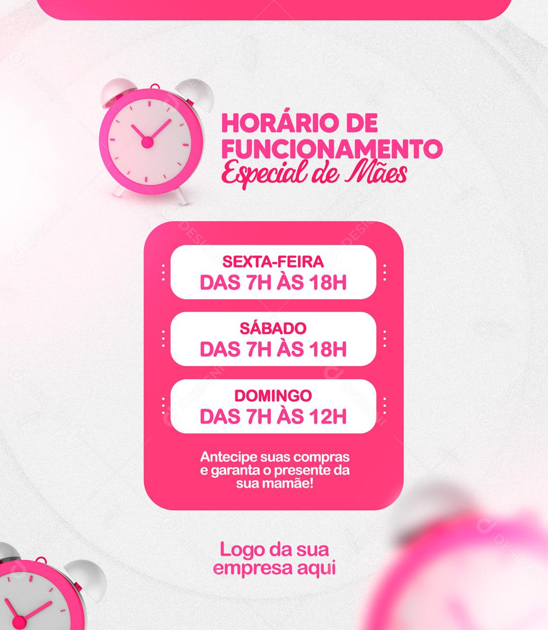 Horário De Funcionamento Especial Dia Das Mães Social Media PSD Editável