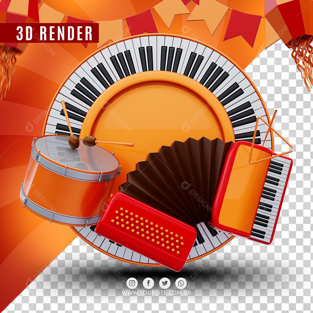 Instrumentos de São João Piano tambor acordeão Elemento 3D Para Composição  PSD