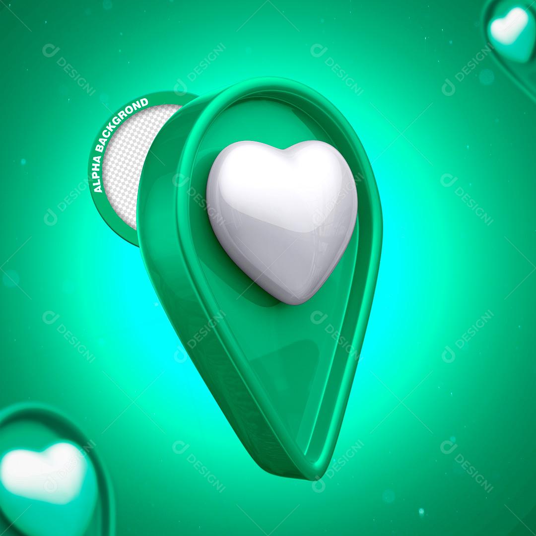 Ícone 3D Para Composição Localização Verde Com Coração Local PNG Transparente