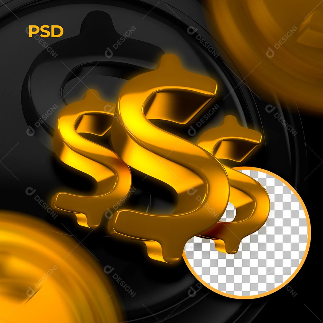 Elementos 3D Cifrão Dourado Para Composição PSD