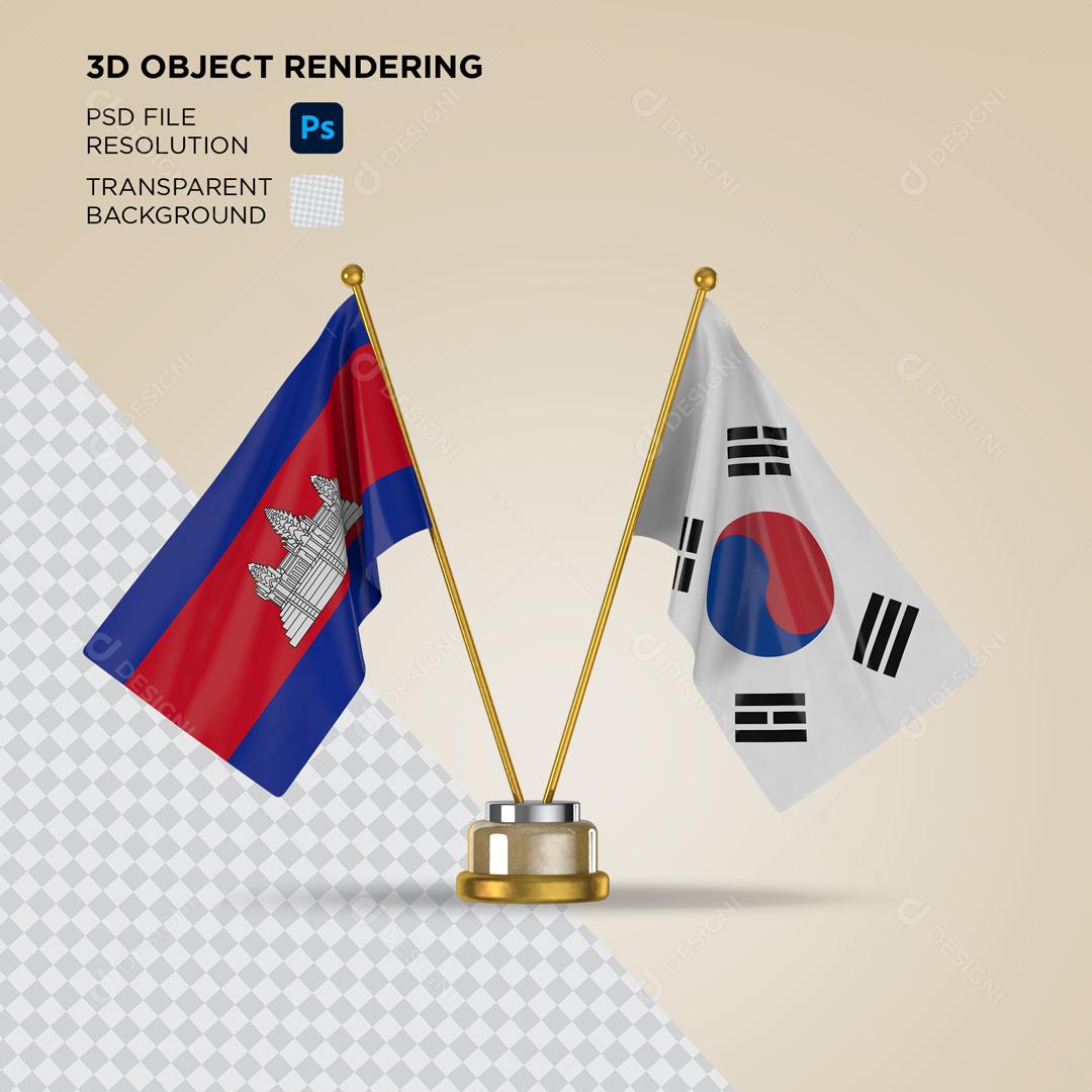 Bandeira da Camboja e Coreia do Sul  Elemento 3D Para Composição PSD