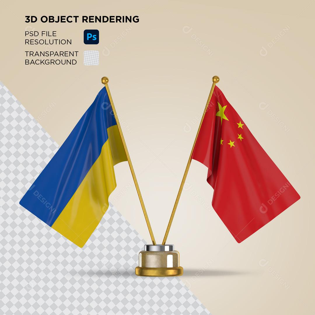 Bandeira da Ucrânia e China Elemento 3D Para Composição PSD