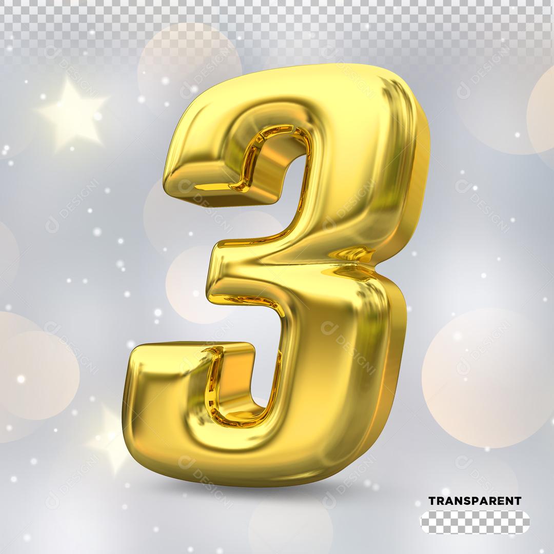 Número 3 3D Dourado Para Composição PSD