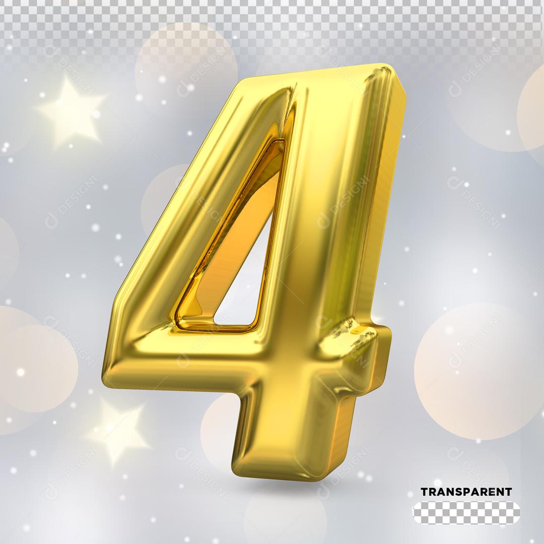 Número 4 3D Dourado Para Composição PSD