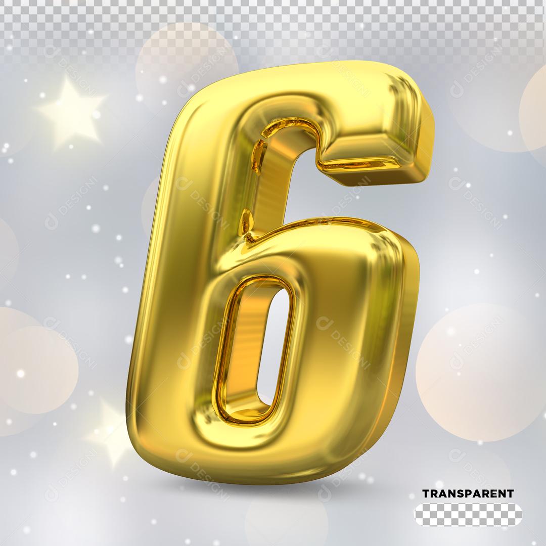 Número 6 3D Dourado Para Composição PSD