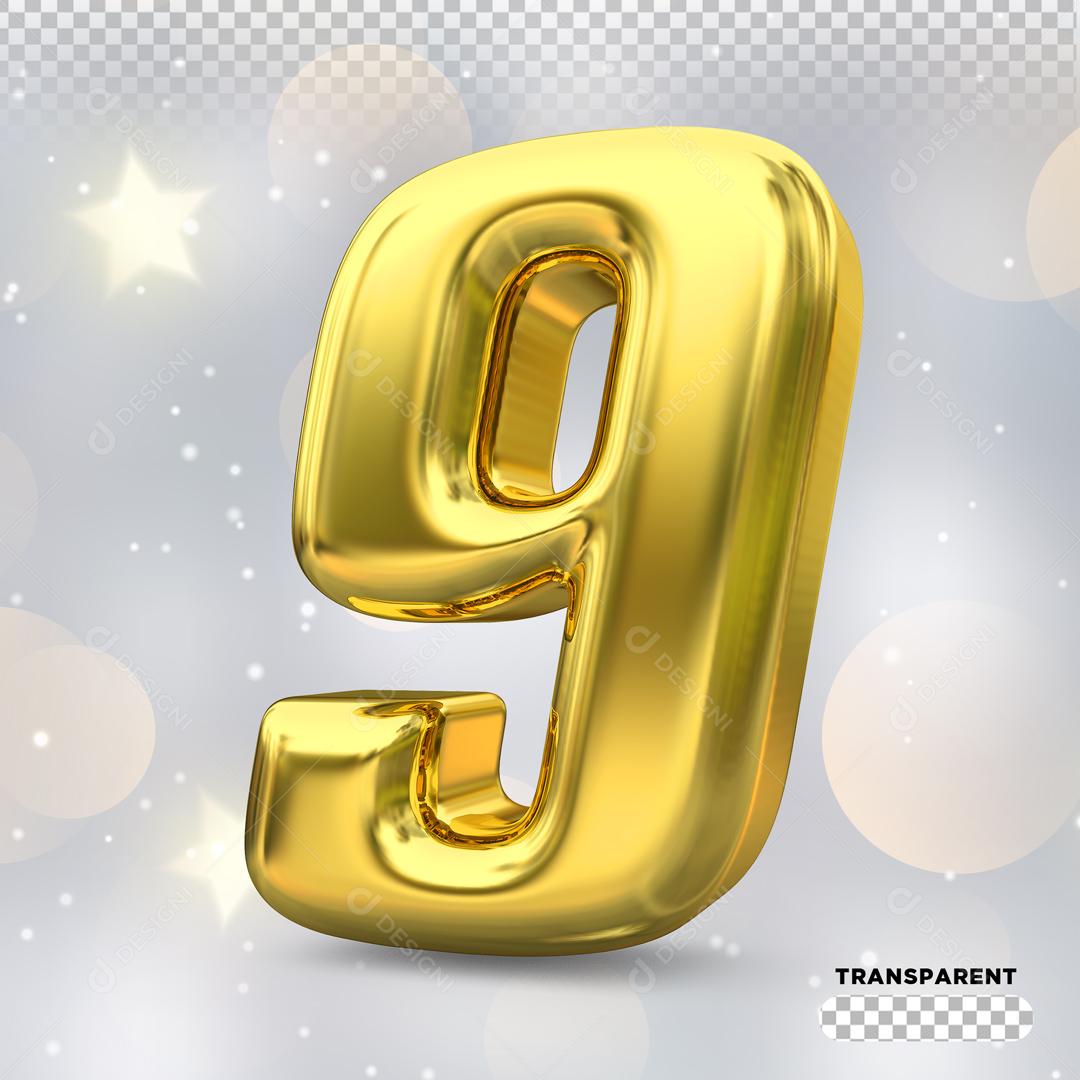 Número 9 3D Dourado Para Composição PSD