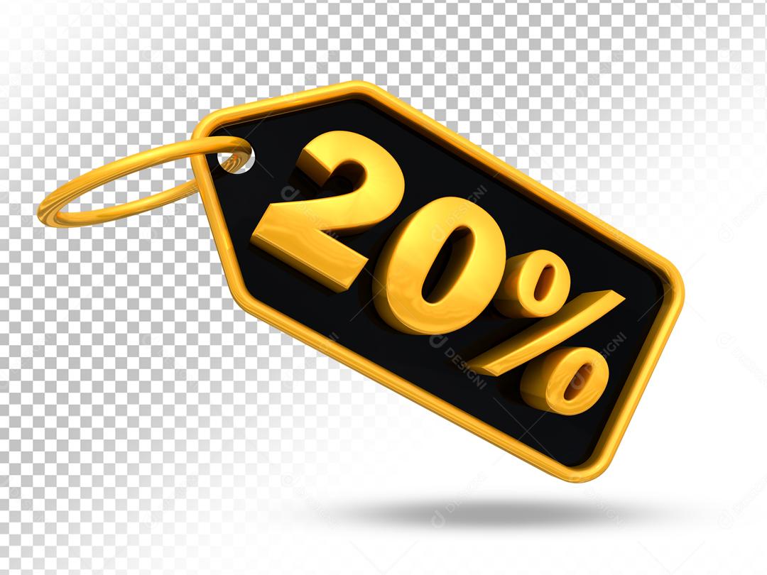 Entiqueta de Desconto 20% Dourado e Preto 3D Para Composição PSD