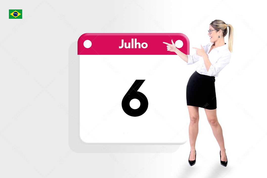 Mulher jovem linda apontando para calendario sobre fundo branco