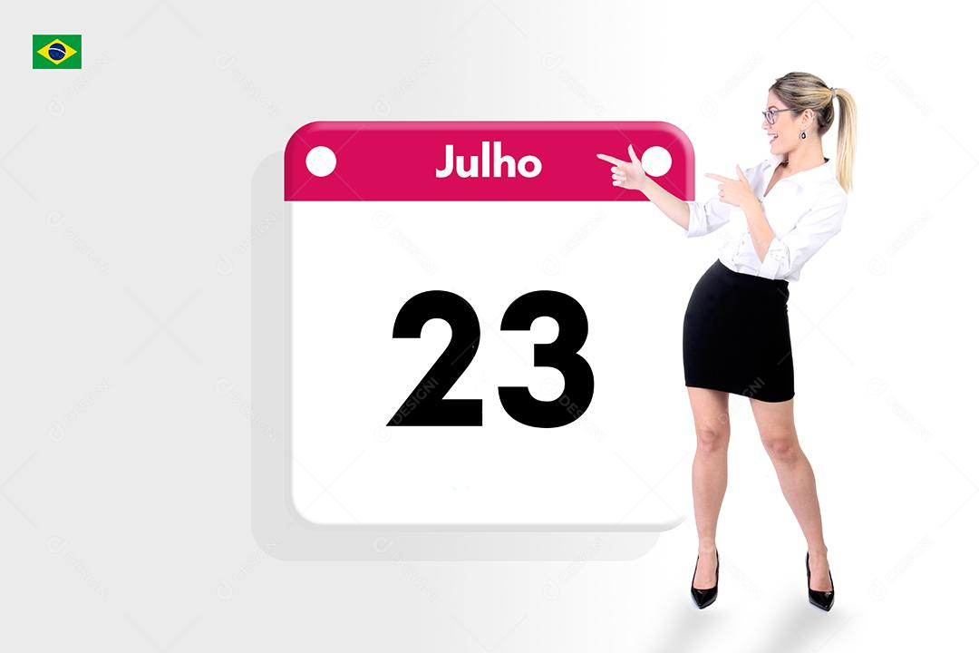 Mulher jovem linda apontando para calendario sobre fundo branco