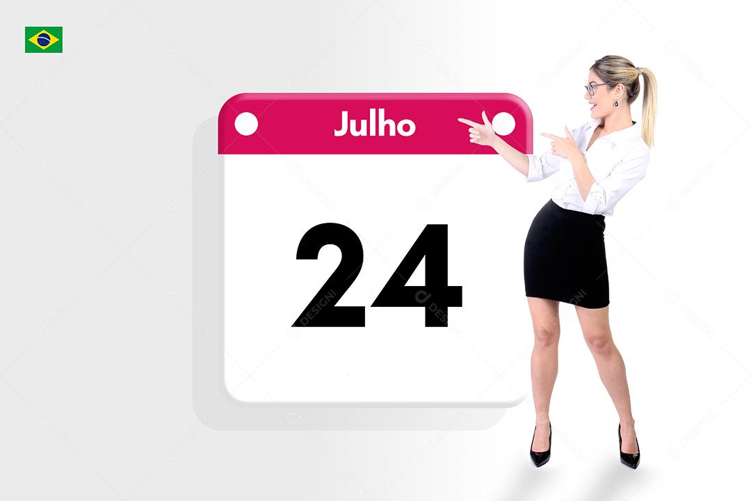 Mulher jovem linda apontando para calendario sobre fundo branco