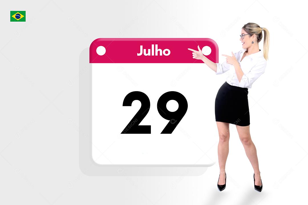 Mulher jovem linda apontando para calendario sobre fundo branco