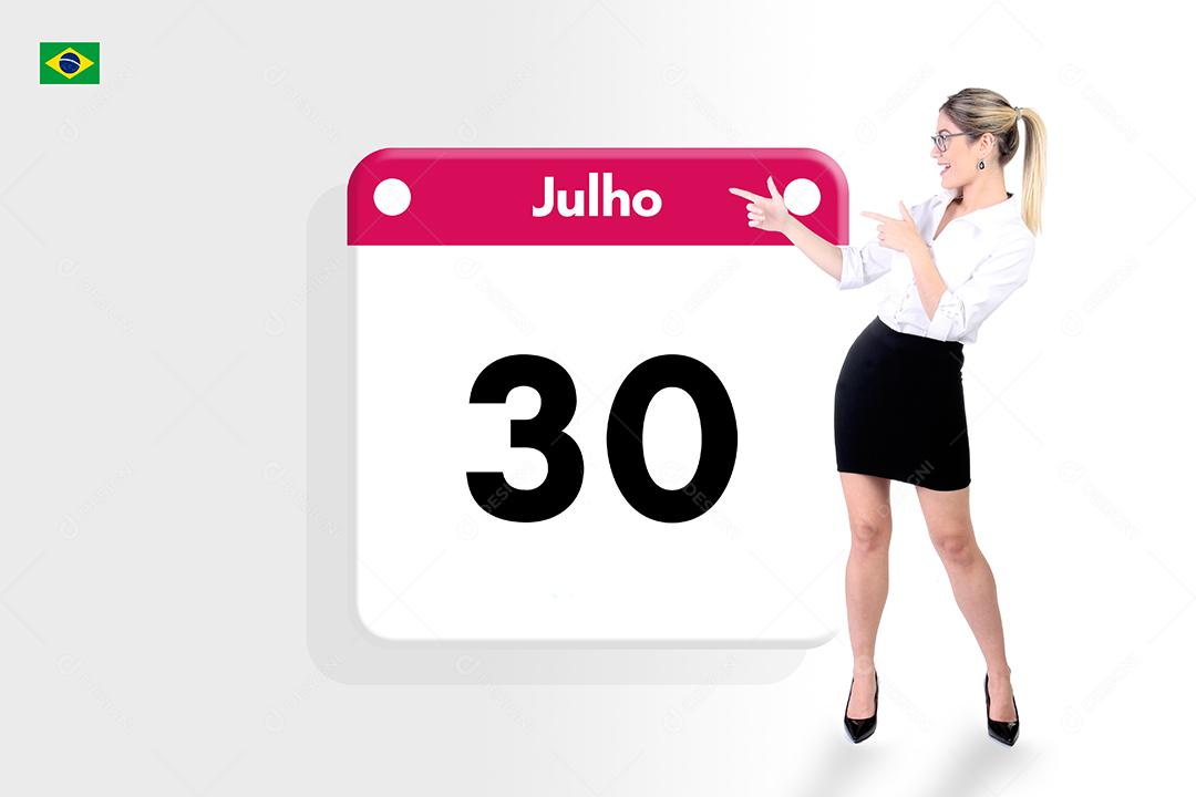 Mulher jovem linda apontando para calendario sobre fundo branco