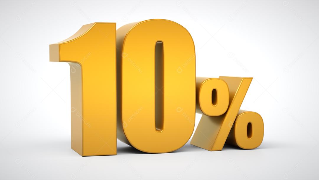 10% de desconto na venda. Porcentagem de ouro isolada no fundo branco. 3D r