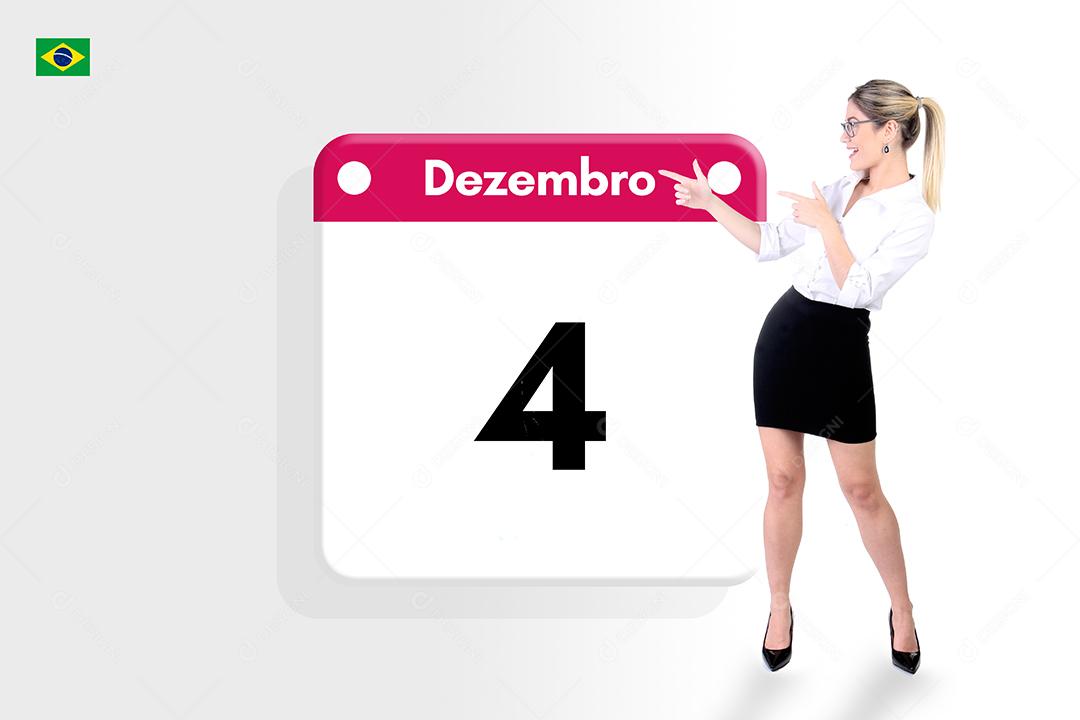 Mulher jovem linda apontando para calendario sobre fundo branco