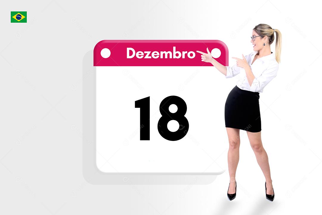 Mulher jovem linda apontando para calendario sobre fundo branco