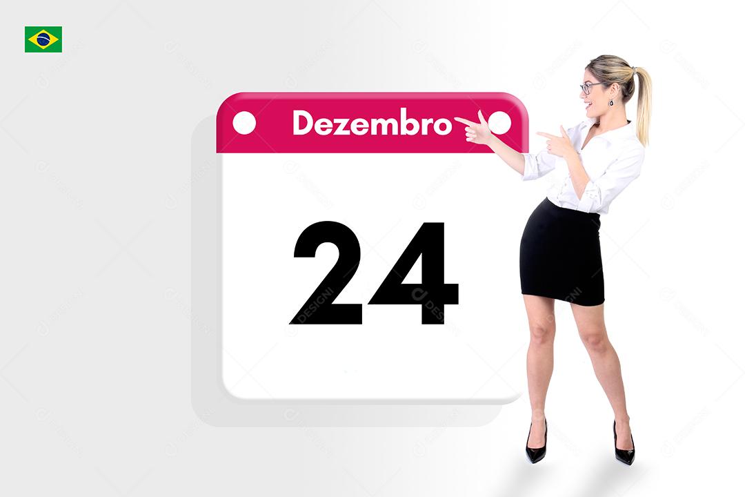 Mulher jovem linda apontando para calendario sobre fundo branco