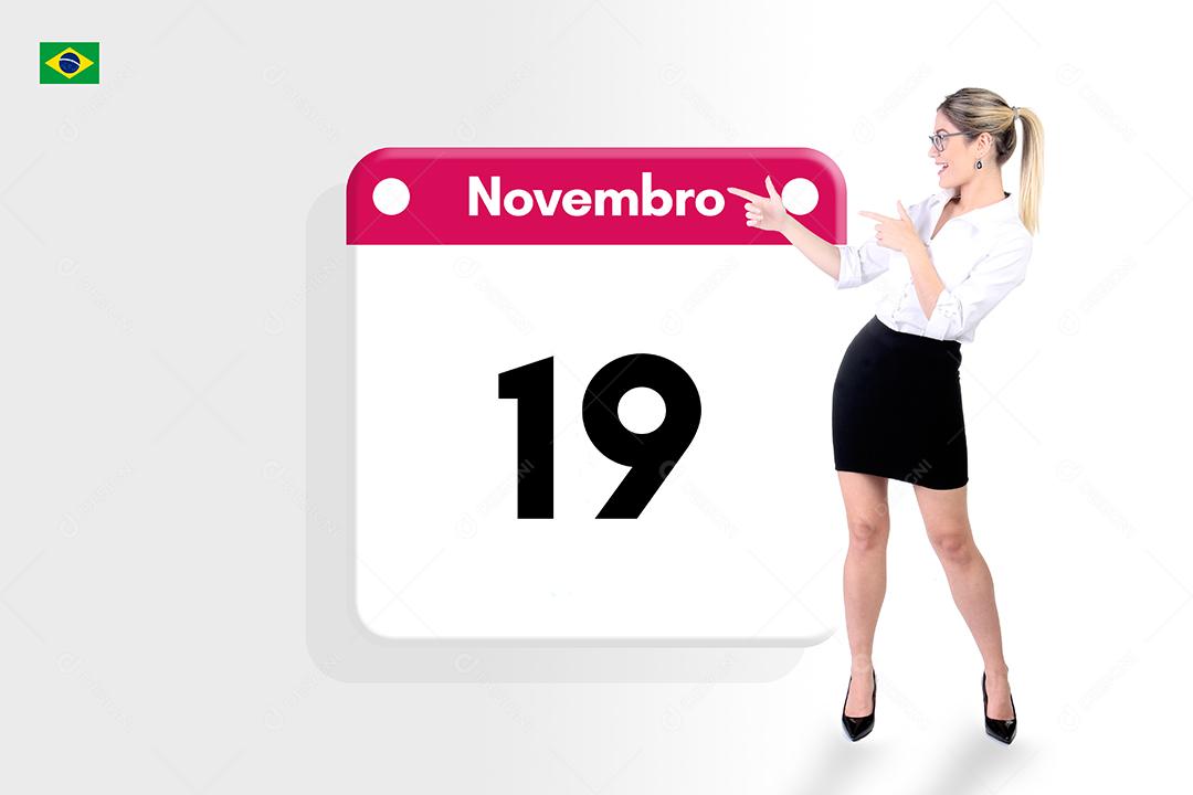 Mulher loira apontando para calendario novembro sobre fundo branco