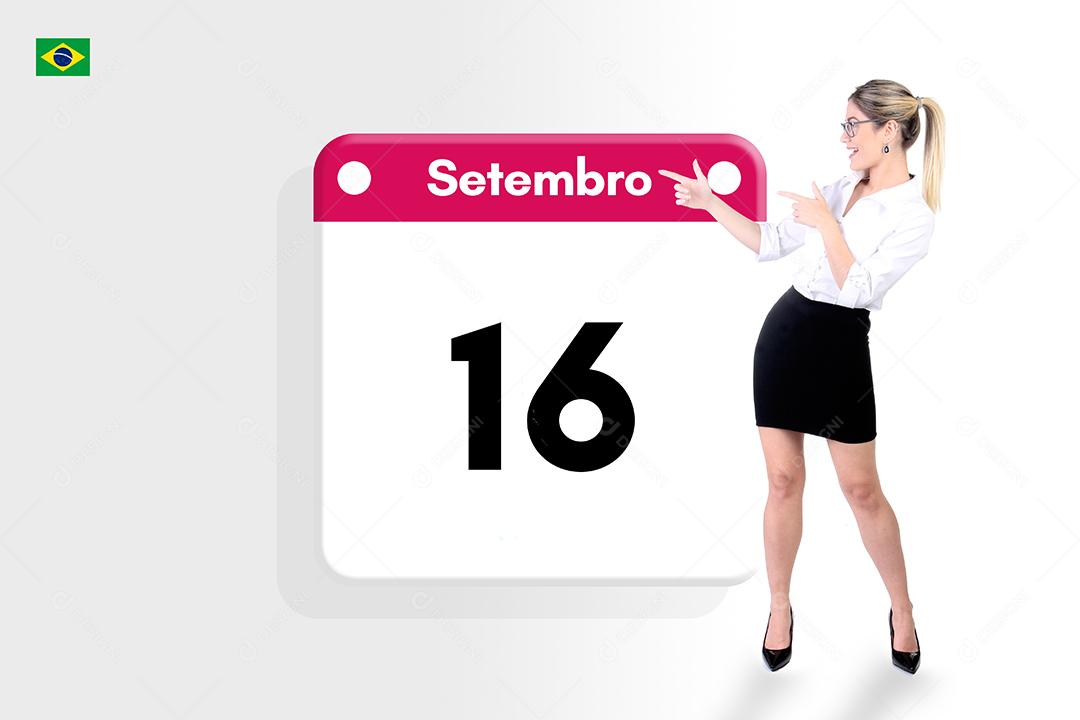 Mulher jovem linda apontando para calendario sobre fundo branco