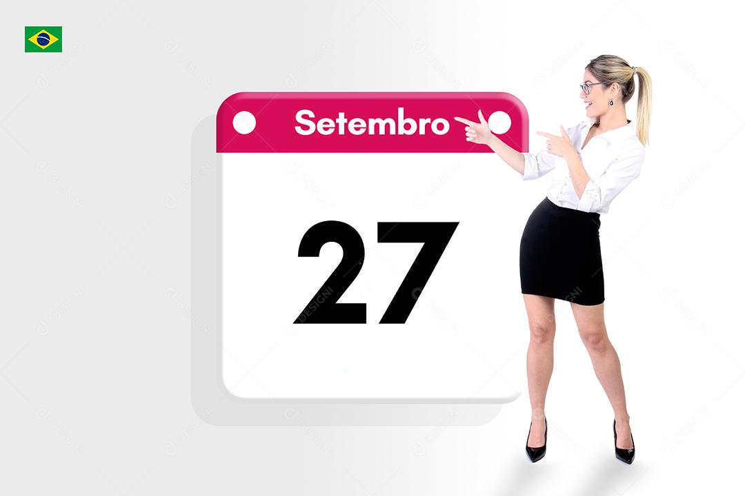 Mulher jovem linda apontando para calendario sobre fundo branco