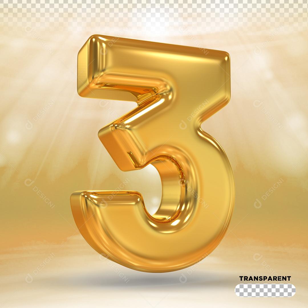 Número 3 Dourado 3D Para composição PSD